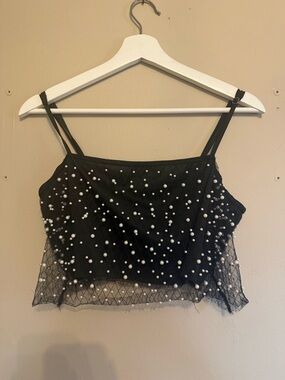 Black Pearl-Embellished Mesh cropped Cami Top